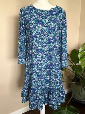 Harper Rose Blue & Green Floral 3/4 Sleeve Ruffle-Hem Dress, Size 10